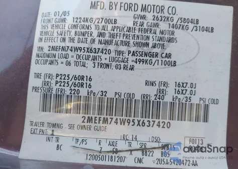 2005 Mercury Grand Marquis Gs из США, поврежденный, VIN 2MEFM74W95X637420